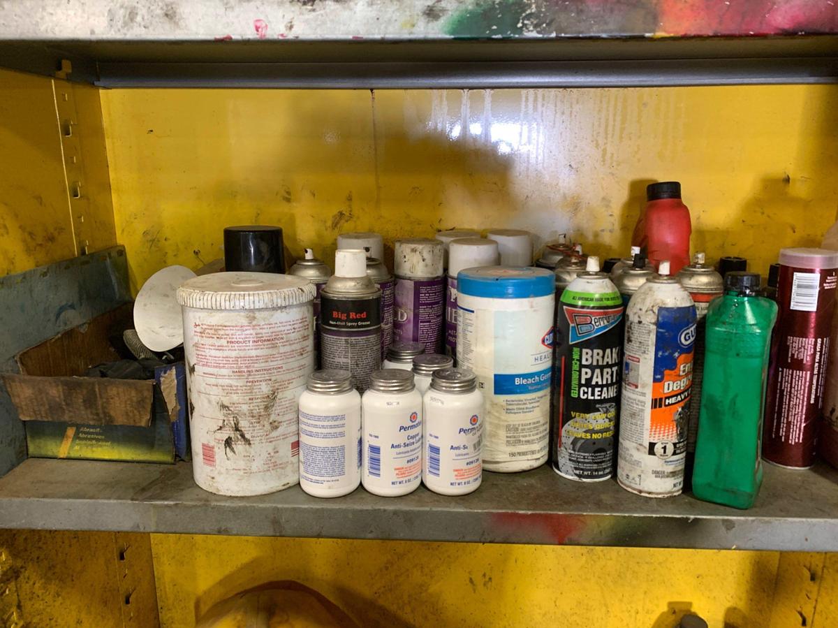 Used Cabinet and all it’s Contents ( Brake Parts Cleaner, Anti Seize Lubricant, Starting Fluid, PB Blaster, High Temp Grease)