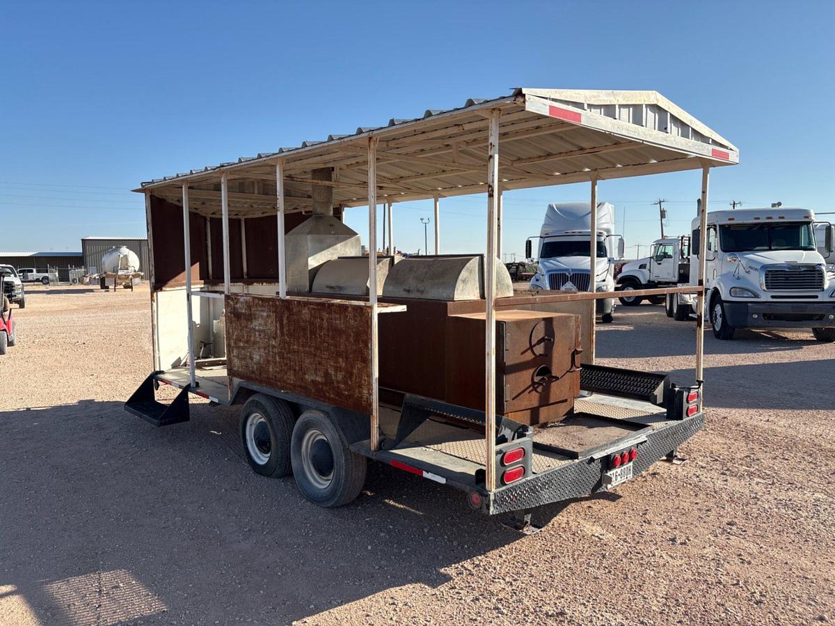 Used SHOPBUILT 18’ x 100” t/a bumper pull BBQ trailer
