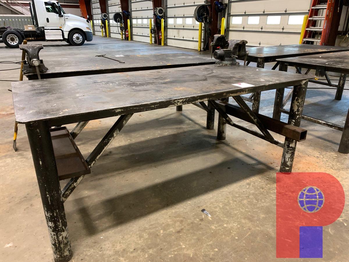 Used 8’ X 4’ STEEL TABLE W/ 8” JAW VICE