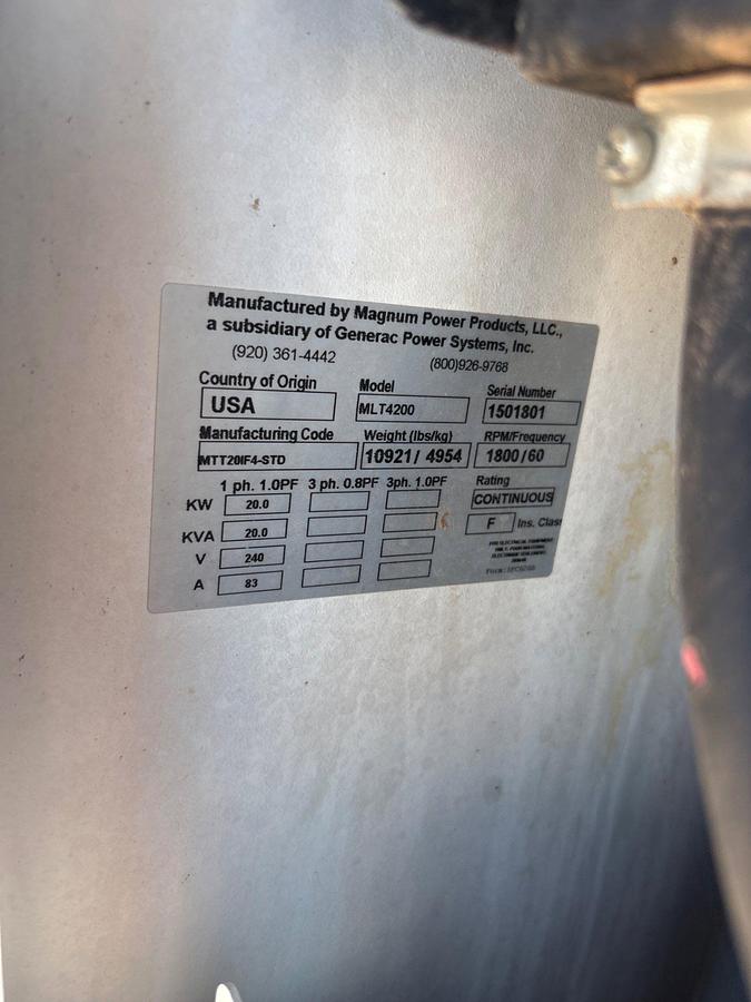 Used 2015 MAGNUM TRAILERS MLT4200 20KW T/A LIGHT TOWER COMBO TRAILER