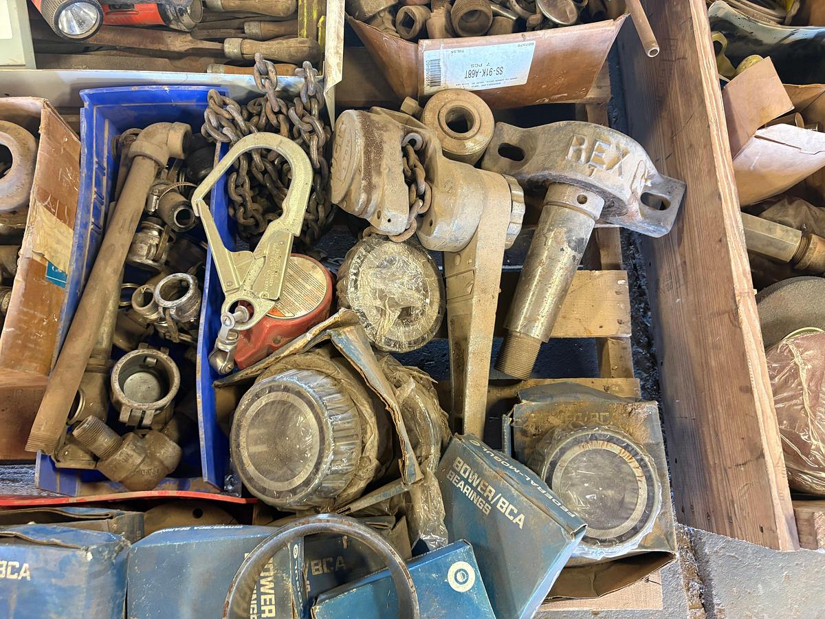 Used Pallet of assorted hose fittings, hex nuts, bower bearings, pillow block bearing, files, etc.