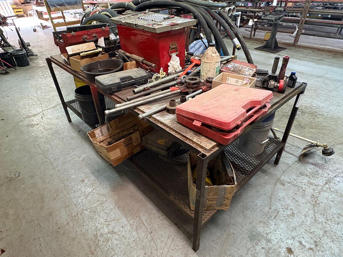 Used 98” x 52” x 36” shop table w/ contents