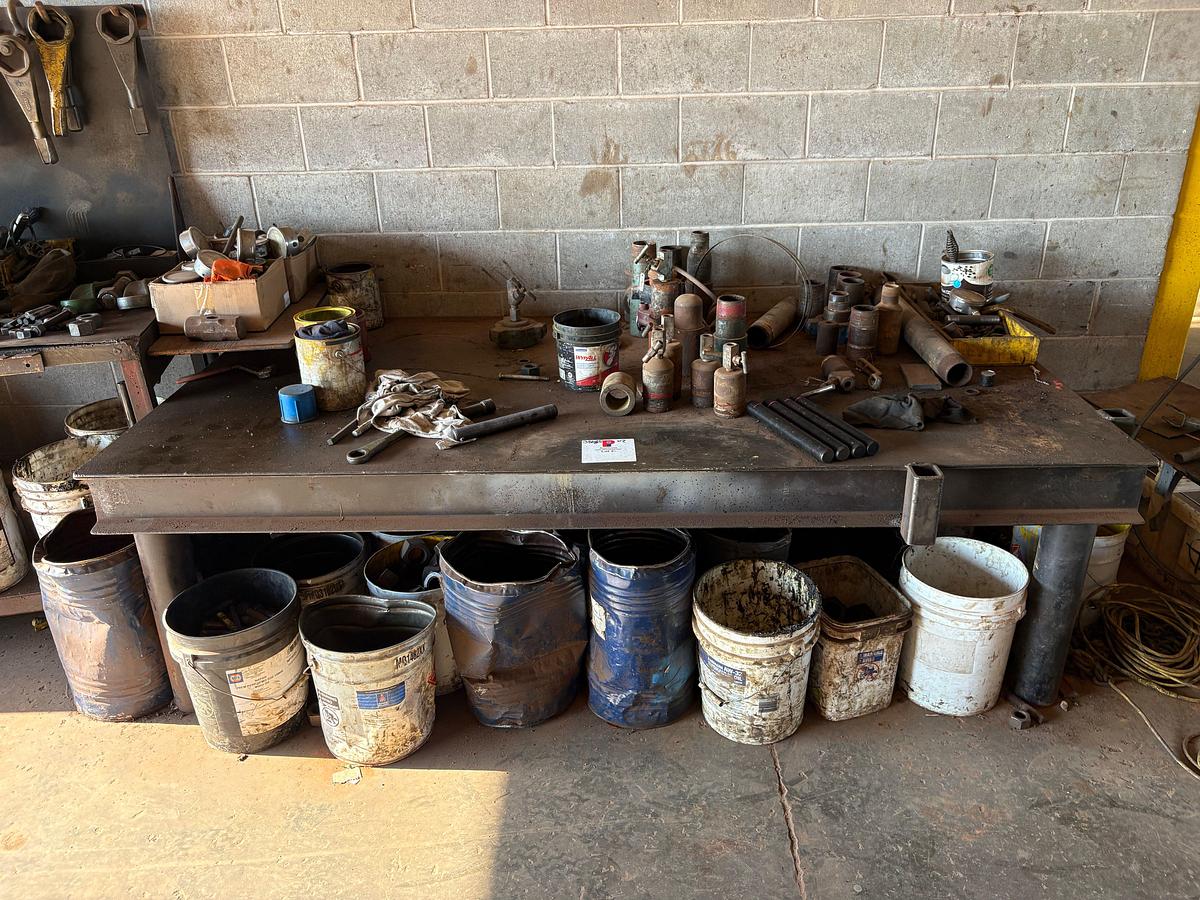 Used 8’ x 4’ x 2.5’ & 4’ x 2.5’ x 3’ metal shop tables w/ contents