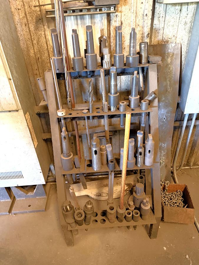 Used SECTION OF (4) TOOL RACK/ TABLES / ROLLING / CART W/ CONTENTS OF RADIAL ARM DRILL PRESS TOOLING & RELATED