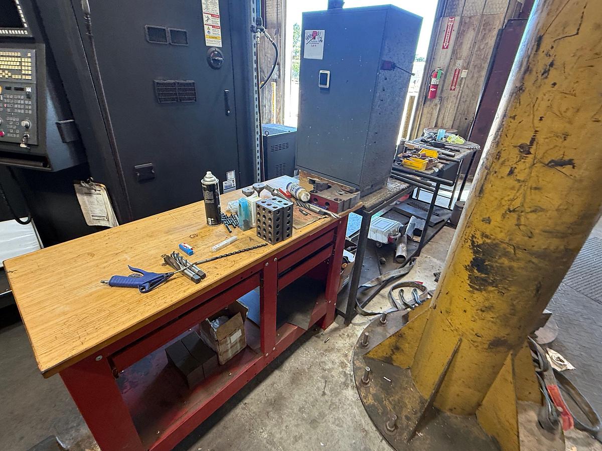 Used SECTION W/ (2) WORK BENCHES, SMALL METAL CABINET INCLUDING CONTENTS OF MACHINE CUTTING TOOLS, SOME HAND TOOLS, & RELATED