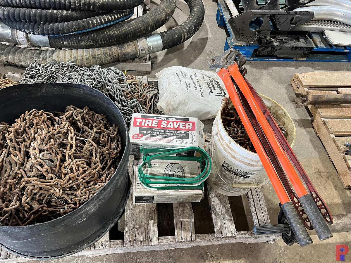 Used 2 PALLETS HAUL TRUCK WINTER TIRE CHAINS, 2- TIRE CHAIN REPAIR TOOLS, & TIRE SAVERS