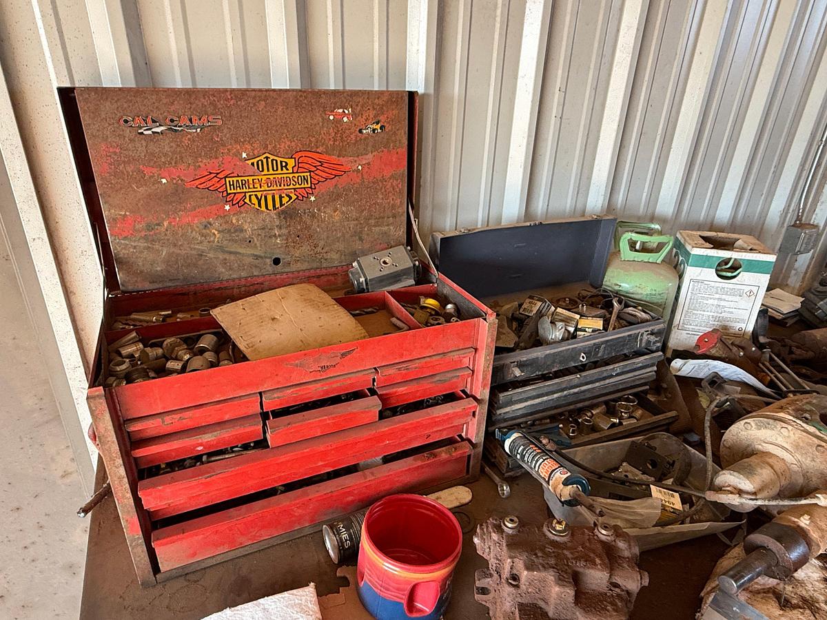 Used 8’ x 4’ x 3’ HD STEEL SHOP TABLE W/ CONTENTS OF (2) TOOLBOXES, PTO, HYD PUMP PARTS, BOWIE PUMP, ROLLING OIL CATCH PAN