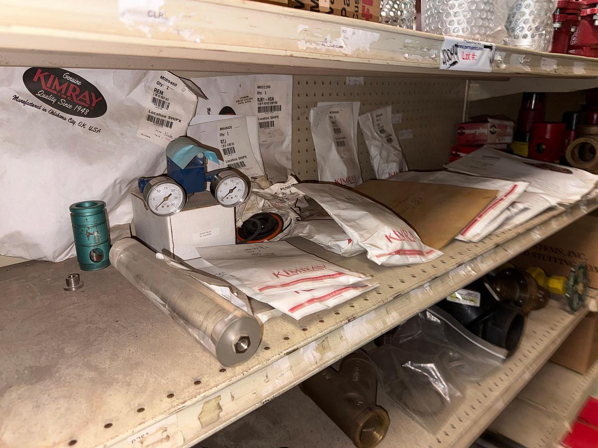 Used SECTION OF (10+) KIMRAY MOTOR VALVES, TRUNIONS, & REPAIR KITS, WSI HEAVY WALL TEES, BAIRD 125 PSI RELIEF VALVES, & RELATED