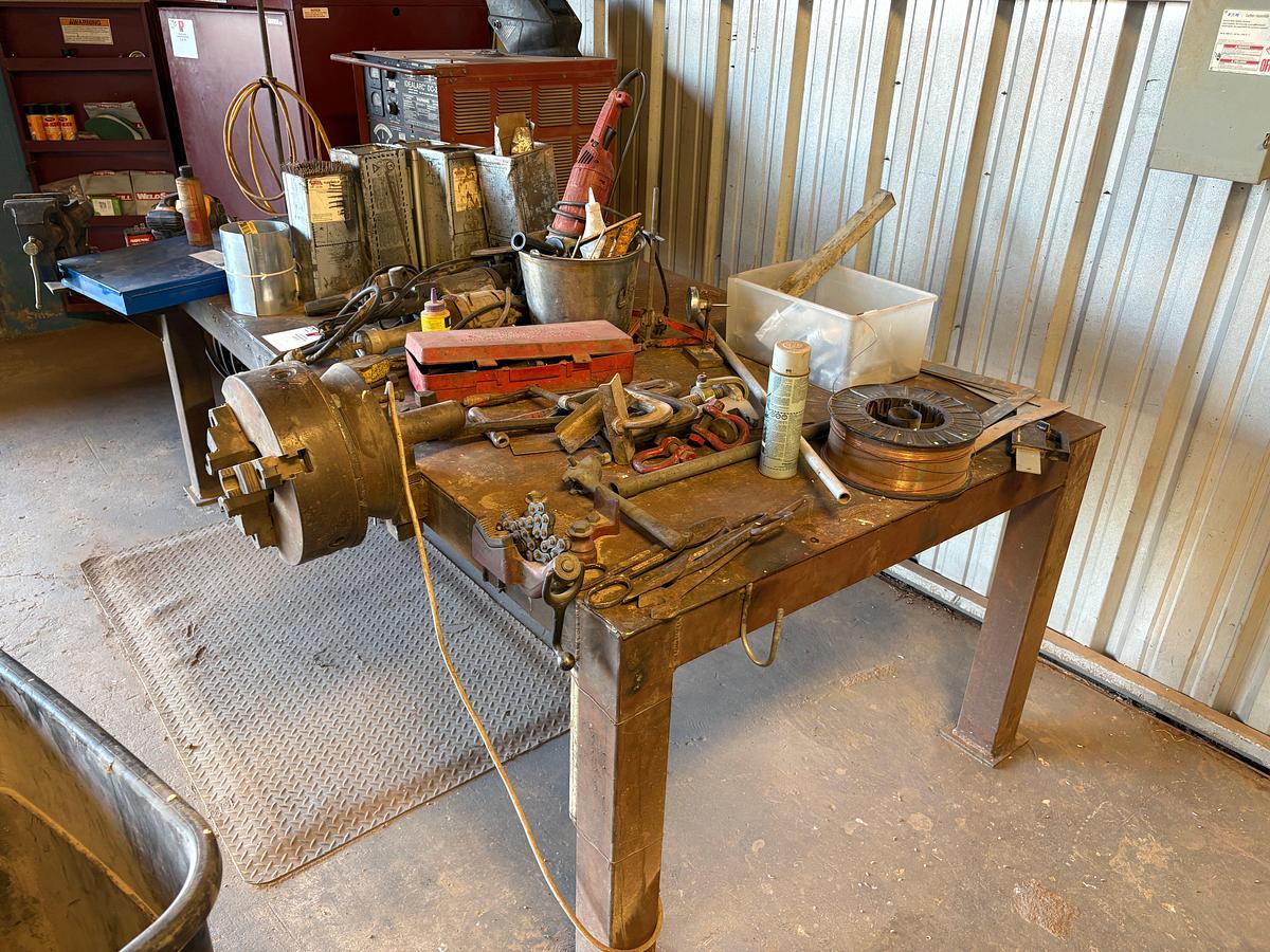 Used 8’ x 4’ x 33” metal shop table w/ contents
