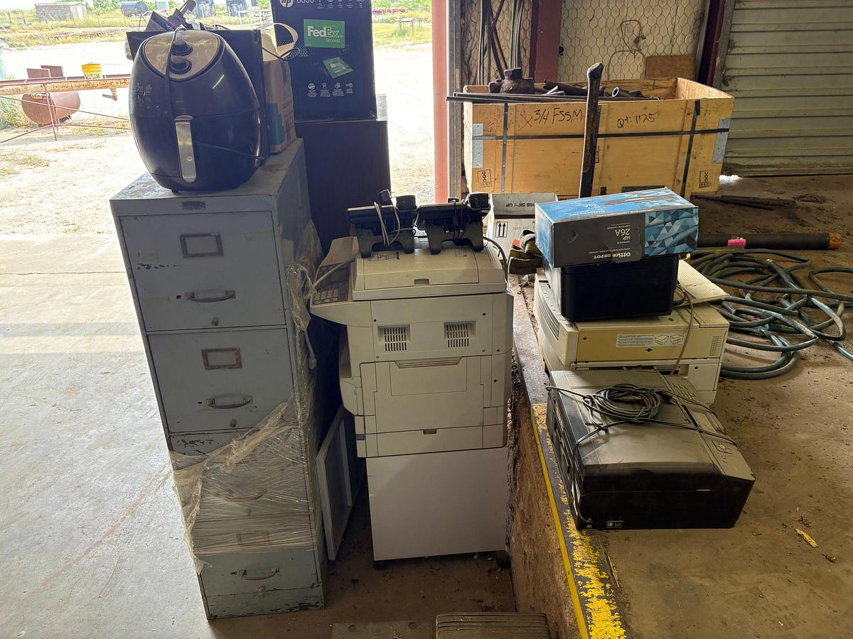 Used Dial-a-snack vending machine, 4-drawer filing cabinet, printers, & office supplies