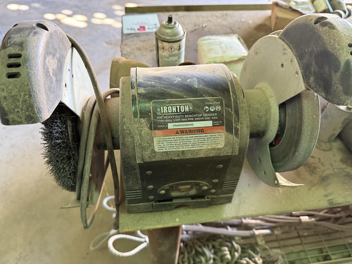 Used (1) 72”L X 24”W X 36”H METAL SHOP BUILT ROLLING TOOL CART & (1) 62”L X 32”W X 36”H METAL WORK BENCH TABLE W/ ELEC. 8” GRINDER