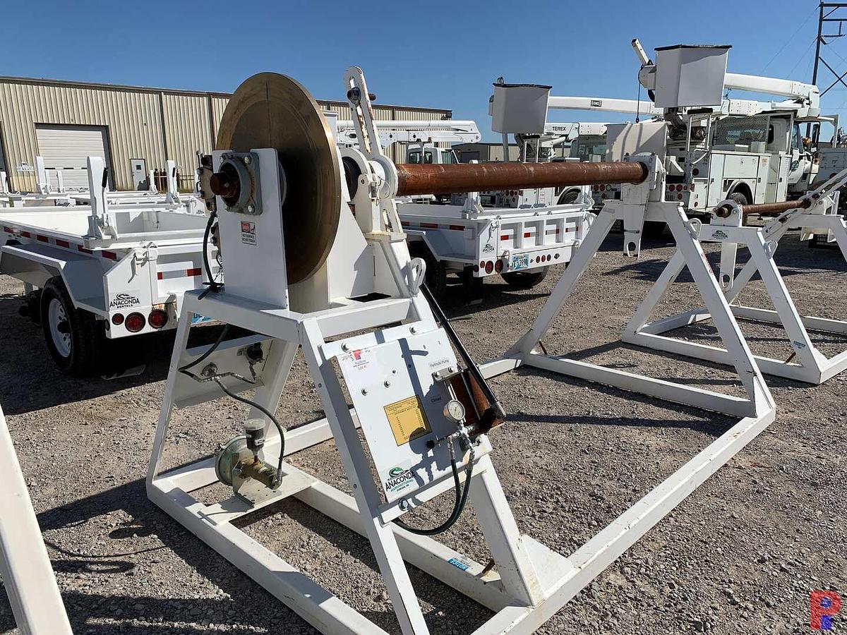 Used 94”W X 5’H REEL STAND W/ 28” DUAL CALIPER HYDRAULIC HAND BRAKE