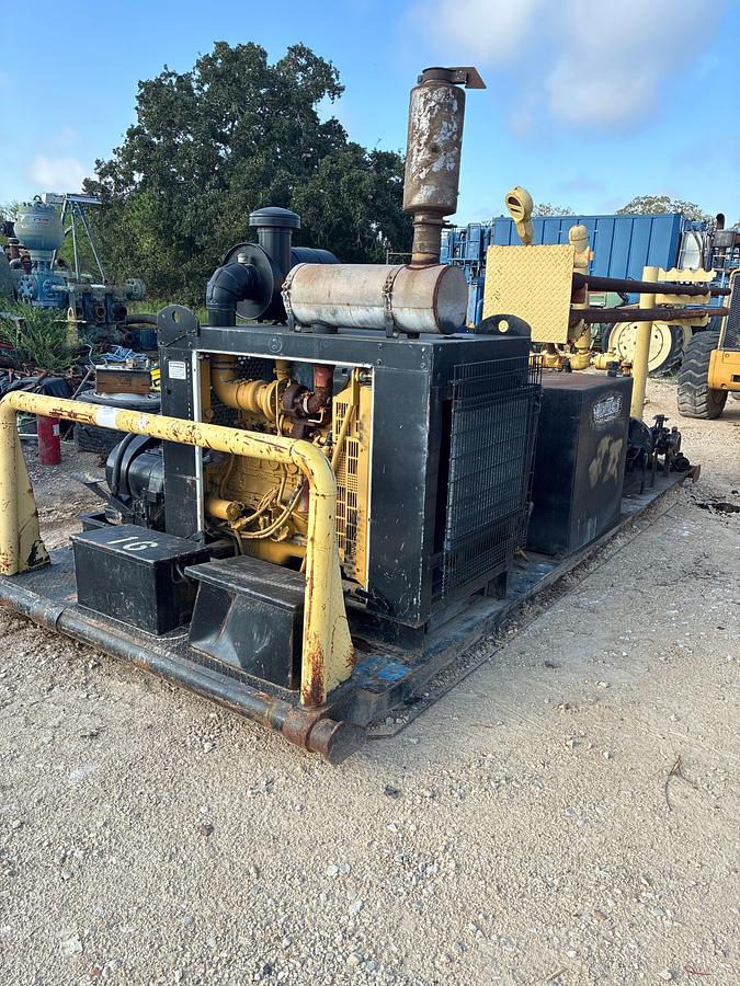 Used GARDNER DENVER TEE 5K TRIPLEX WELL SERVICE PUMP P/B CATERPILLAR 6-CYL ENGINE, SKIDDED