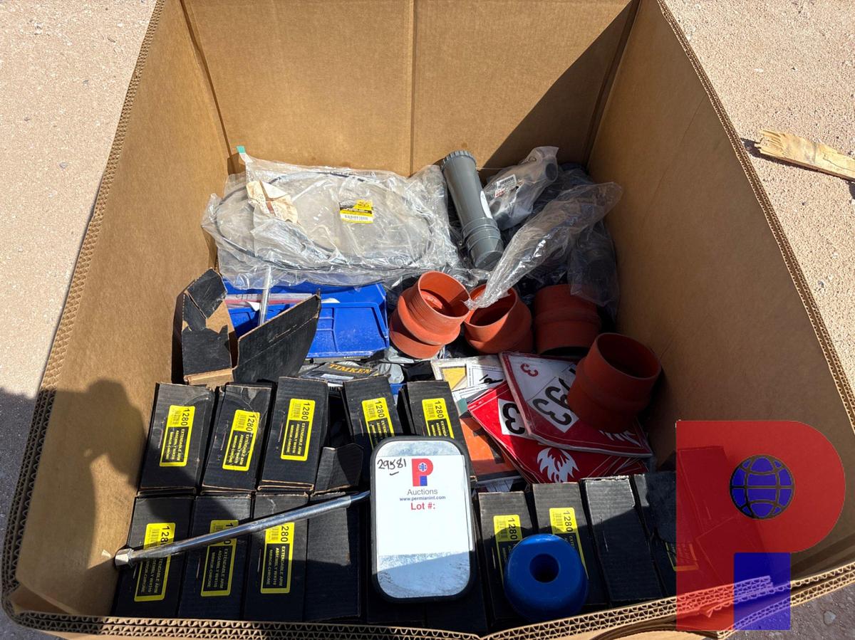 Used BOX OF EXTENDABLE ARM TRUCK MIRROR ASSEMBLIES, PELICAN DOCUMENT TUBES, SEALS, & SAFETY SIGNS