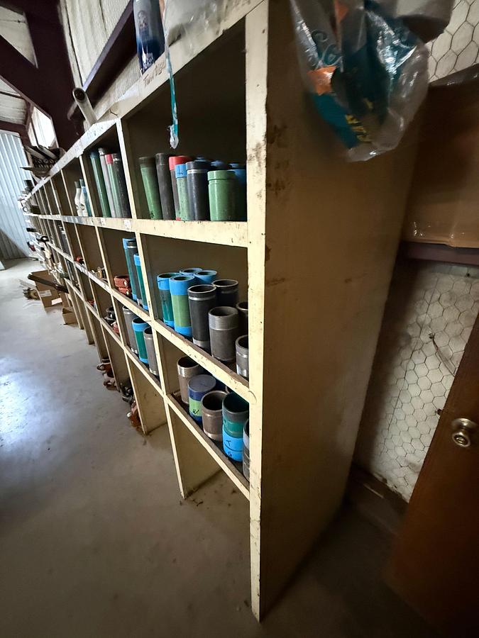 Used (2) 8’ x 2’ x 6’ 16-BIN WOOD PARTS SHELVES