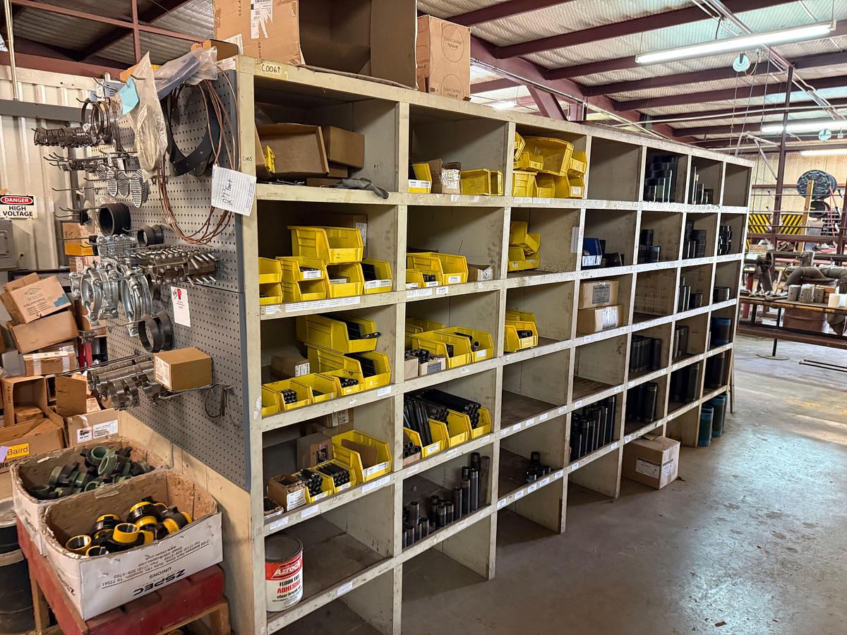 Used 14’ x 2’ x 7’ 42-BIN WOOD PARTS SHELF