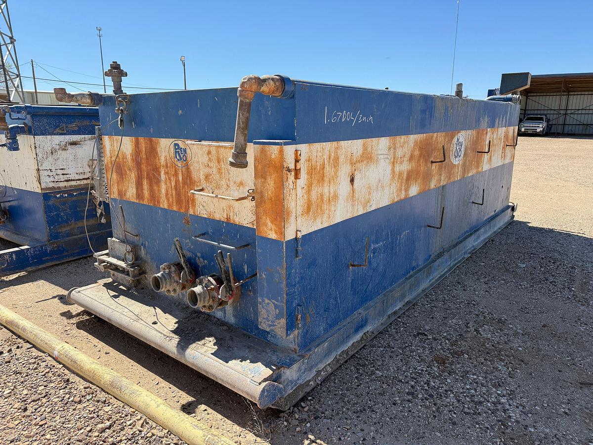 Used 100 BBL 17.9’ X 6.7’ X 5’ 2-COMP. REVERSE PIT TANK W/ IRON & HOSE RACK