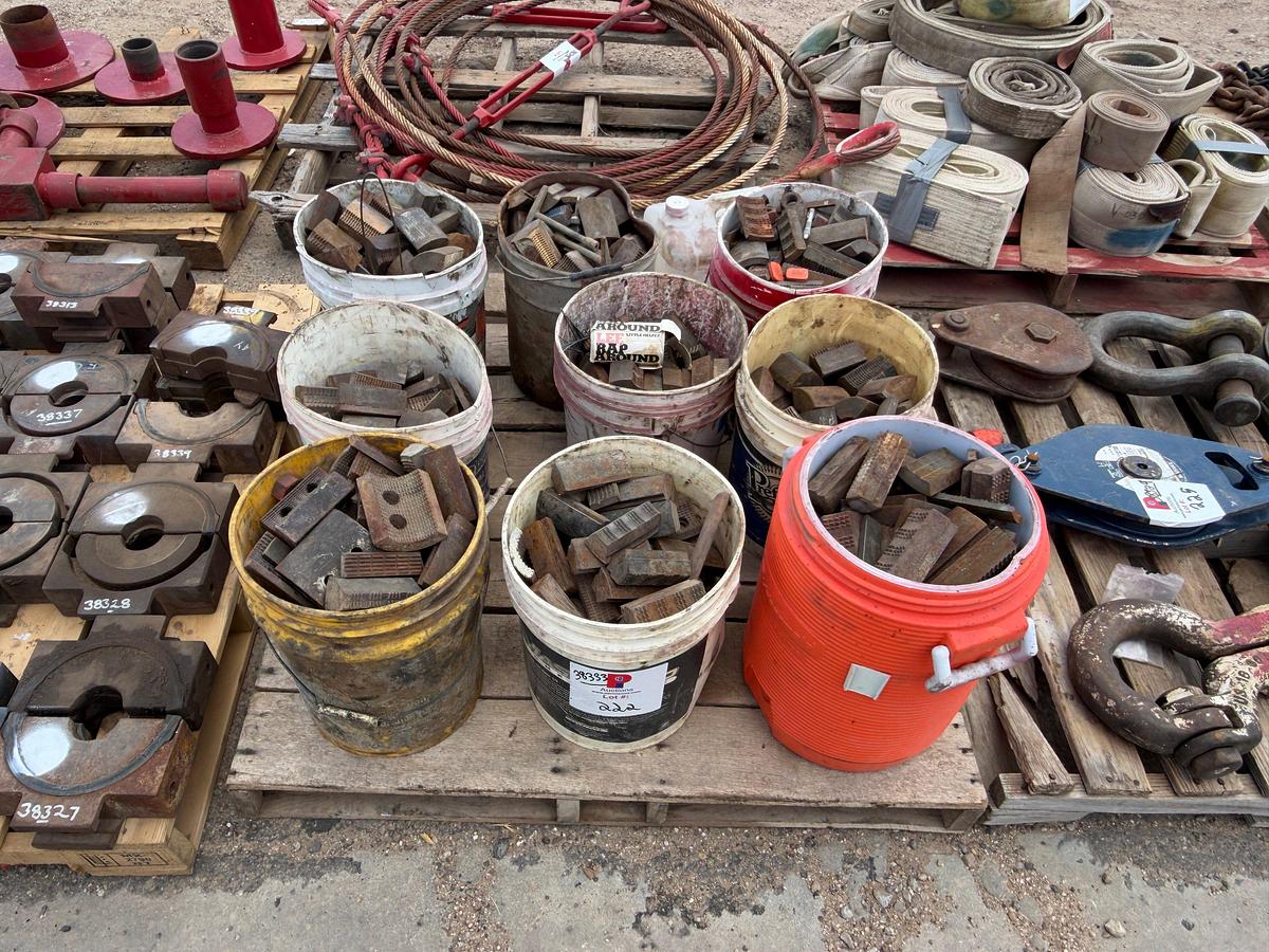 Used PALLET W/ (9) BUCKETS OF MAINLY SLIP INSERTS, SOME TONG DIES