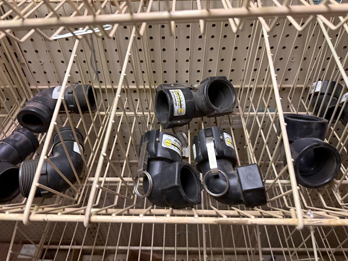 Used 2-WIRE BINS OF 1” THRU 2” PVC, ALUM, BRASS CAMLOCK FITTINGS & VALVES