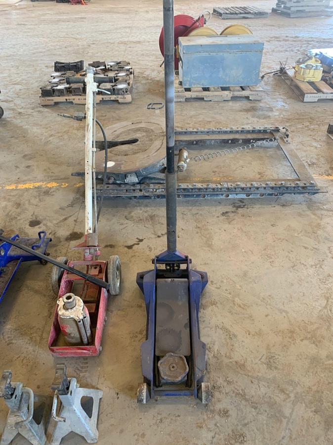 Used 1.5 Ton Transmission Jack, Air Powered Bottle Jack, and Floor Jack