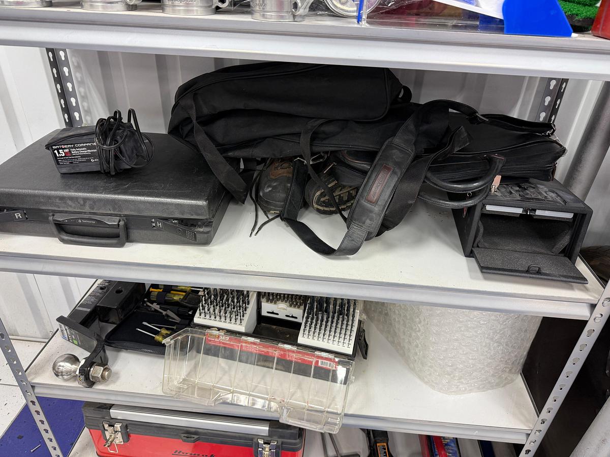 Used 6- SHELVE RACK W/ CONTENTS OF (5) CUSTOM SNAP ON SOCKET CUPS, DRILL BIT SET IN BOX, TOOL BOX, PUTTING TURF, (2) FLOOR JACKS