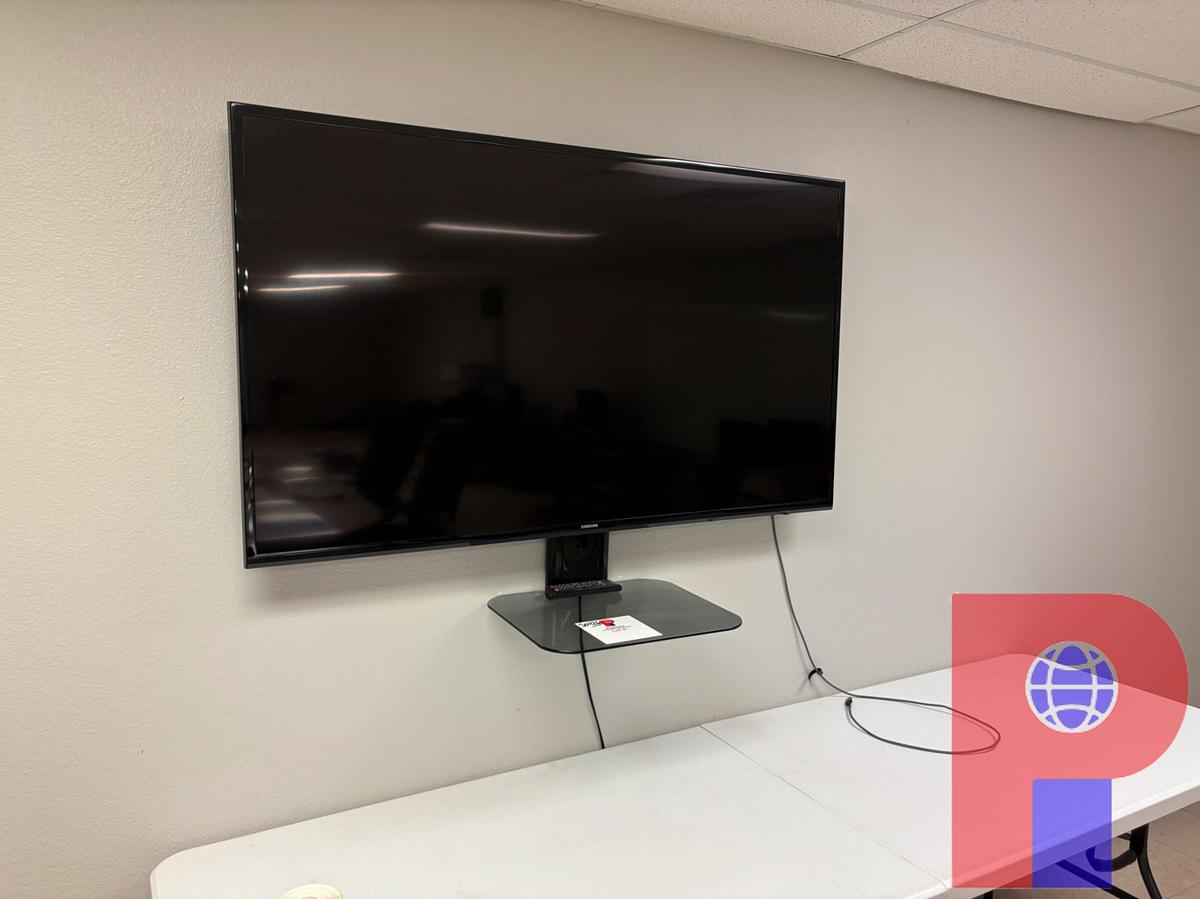 Used 9’10” X 4’ X 2’6” CONFERENCE TABLE W/ (4) CHAIRS, SAFETY SIGNS, & SAMSUNG TV