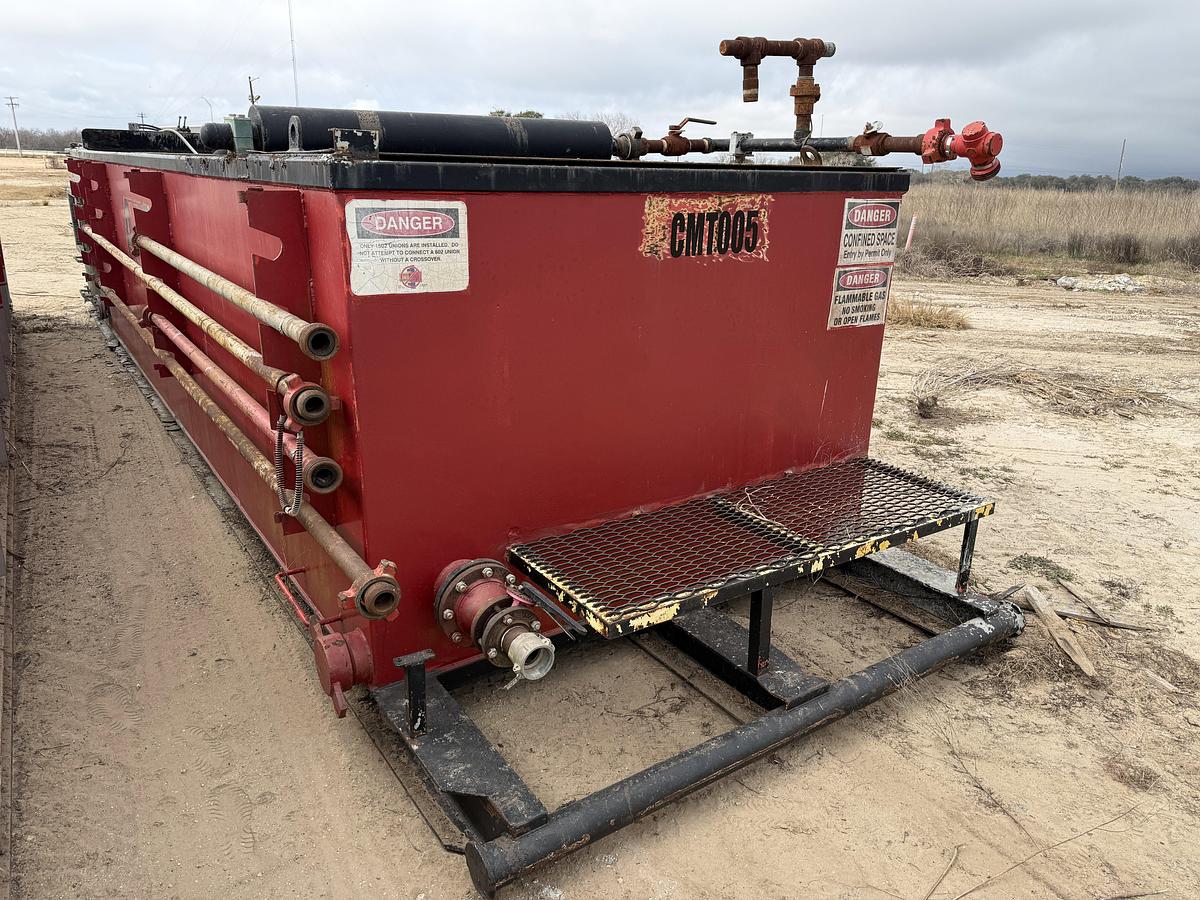 Used 30’ X 8’ X 5’ 4-COMP CEMENT MIXING TANK W/ (2) AGITATORS, CATWALK, & IRON RACK