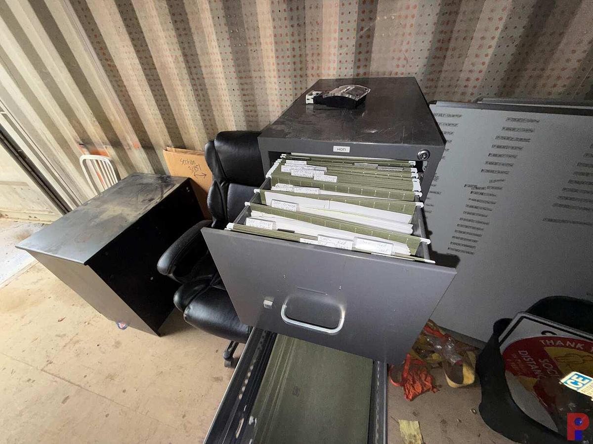 Used SECTION W/ (2) DRAWER CABINET, HI-BACK ROLLING CHAIR, 4-DRAWER FILING CABINET, (2) WHITE BOARDS, TUB OF SAFETY SIGNS