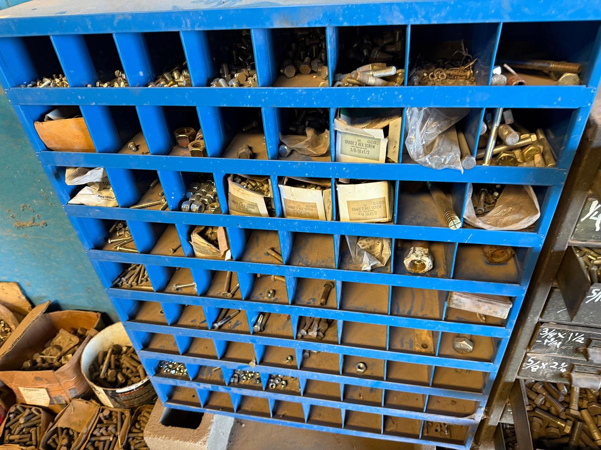 Used SOUTH WALL SECTION W/ (3) BOLT BINS & PULL-OUT DRAWERS, (10+) BOXES, (3) BUCKETS OF VARIOUS BOLTS, NUTS, & SCREWS