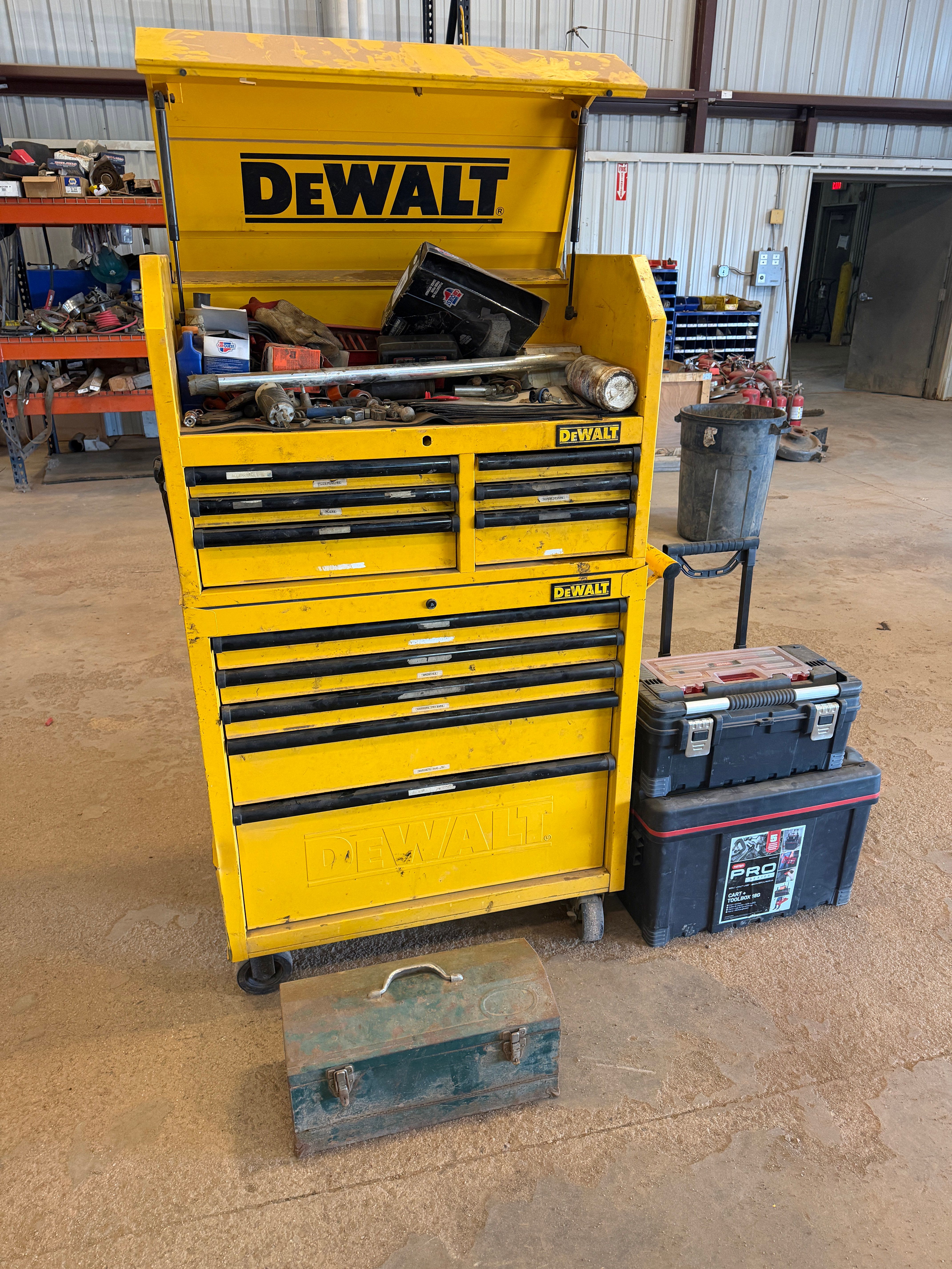 Used (1) DEWALT 11-DRAWER ROLLING TOOLBOX W/ CONTENTS, SMALL TOOLBOX W/ 3/4” to 1” DRIVE SOCKETS, (2) KETER PRO TOOLBOXES