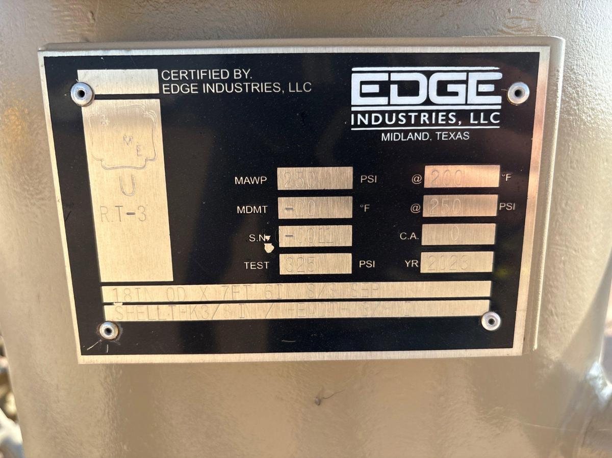 Used Edge industries 18”od x 7’6”H s/s vertical separator w/ manifold mtd on 20’ x 6’ skid