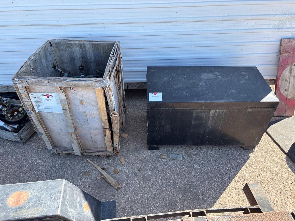 Used 4’ x 2’ x 2’ job box w/ contents & crate of assorted grease & hydraulic hoses
