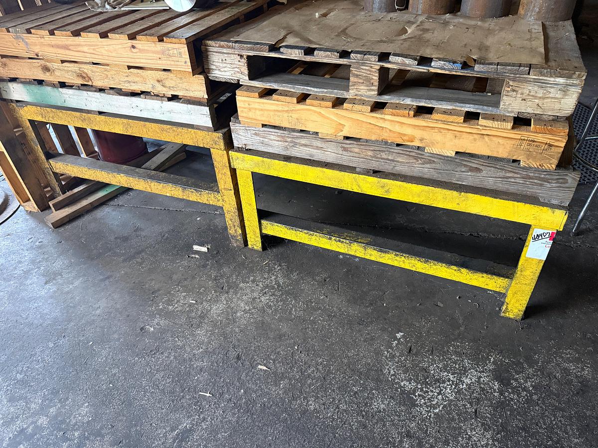 Used (2) 4’x3’x2’ METAL OPEN TOP WORK TABLES & (7) PALLETS