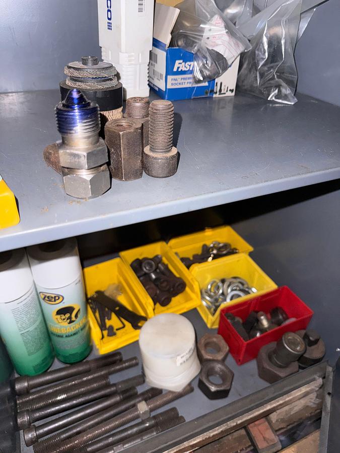 Used SECTION W/ (2) WORK BENCHES, SMALL METAL CABINET INCLUDING CONTENTS OF MACHINE CUTTING TOOLS, SOME HAND TOOLS, & RELATED