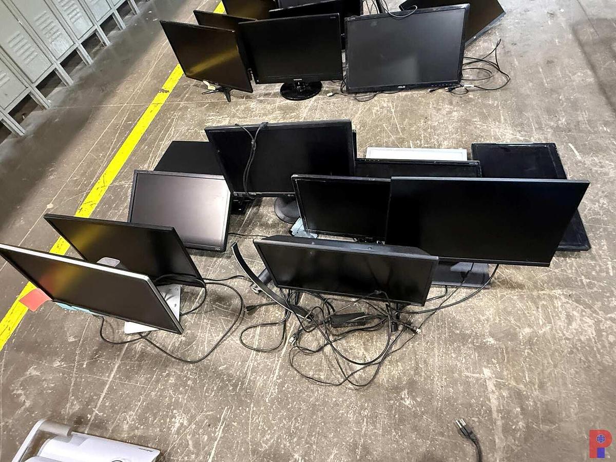 Used (13) 20” - 24” DELL, LG, ACER COMPUTER MONITORS & STANDS, WHITEBOARD