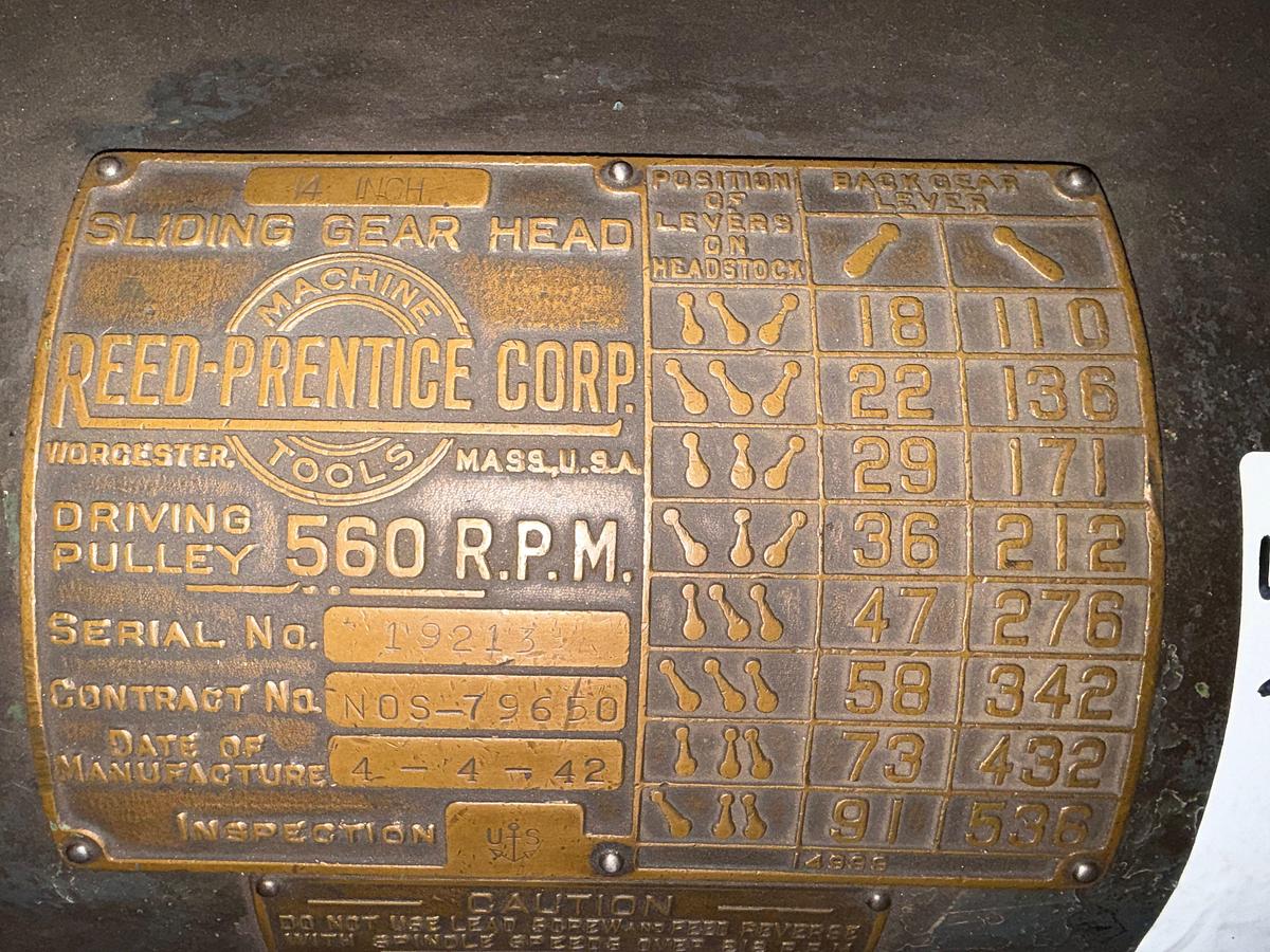 Used 1942 REED-PRENTICE CORP. 14” SLIDING GEAR HEAD HORIZONTAL LATHE