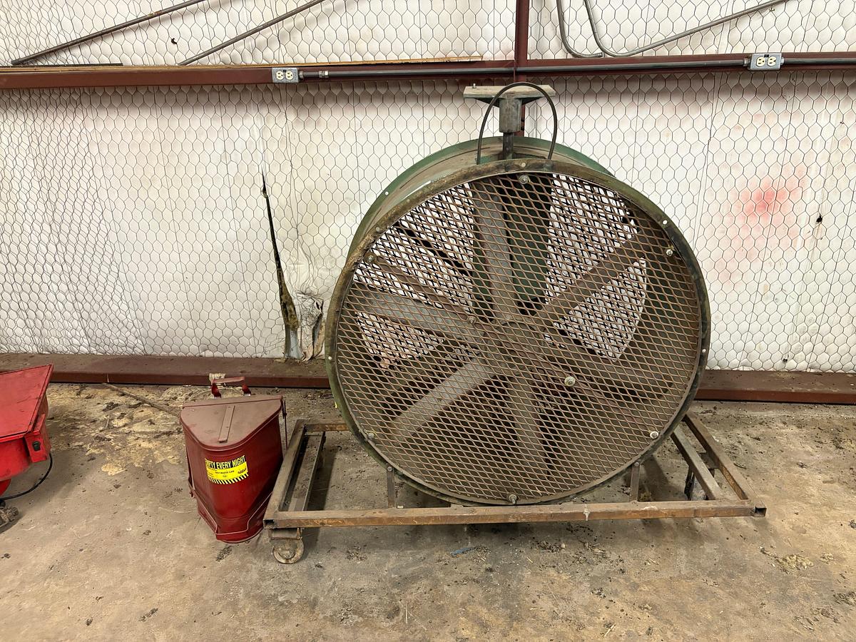 Used 42”DIA electric shop fan w/ oil waste can