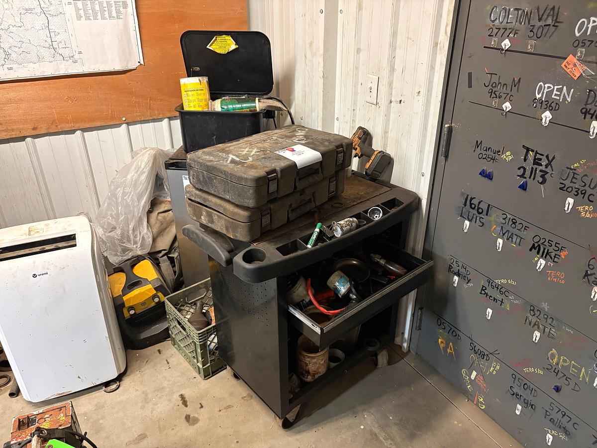 Used 34” x 18” x 33” tool cart w/ contents, kenmore mini fridge, (2) alemite electric grease guns