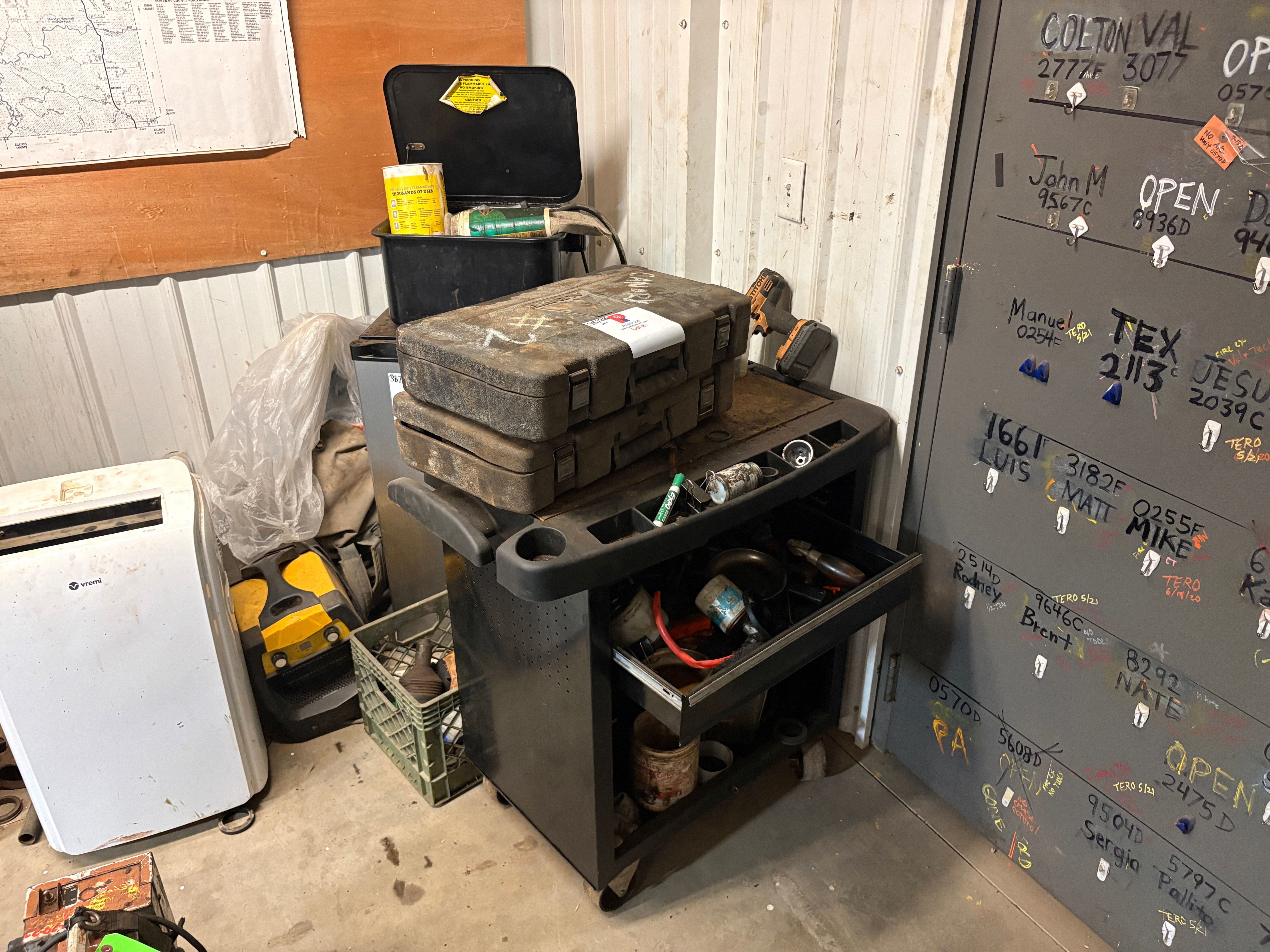 Used 34” x 18” x 33” tool cart w/ contents, kenmore mini fridge, (2) alemite electric grease guns