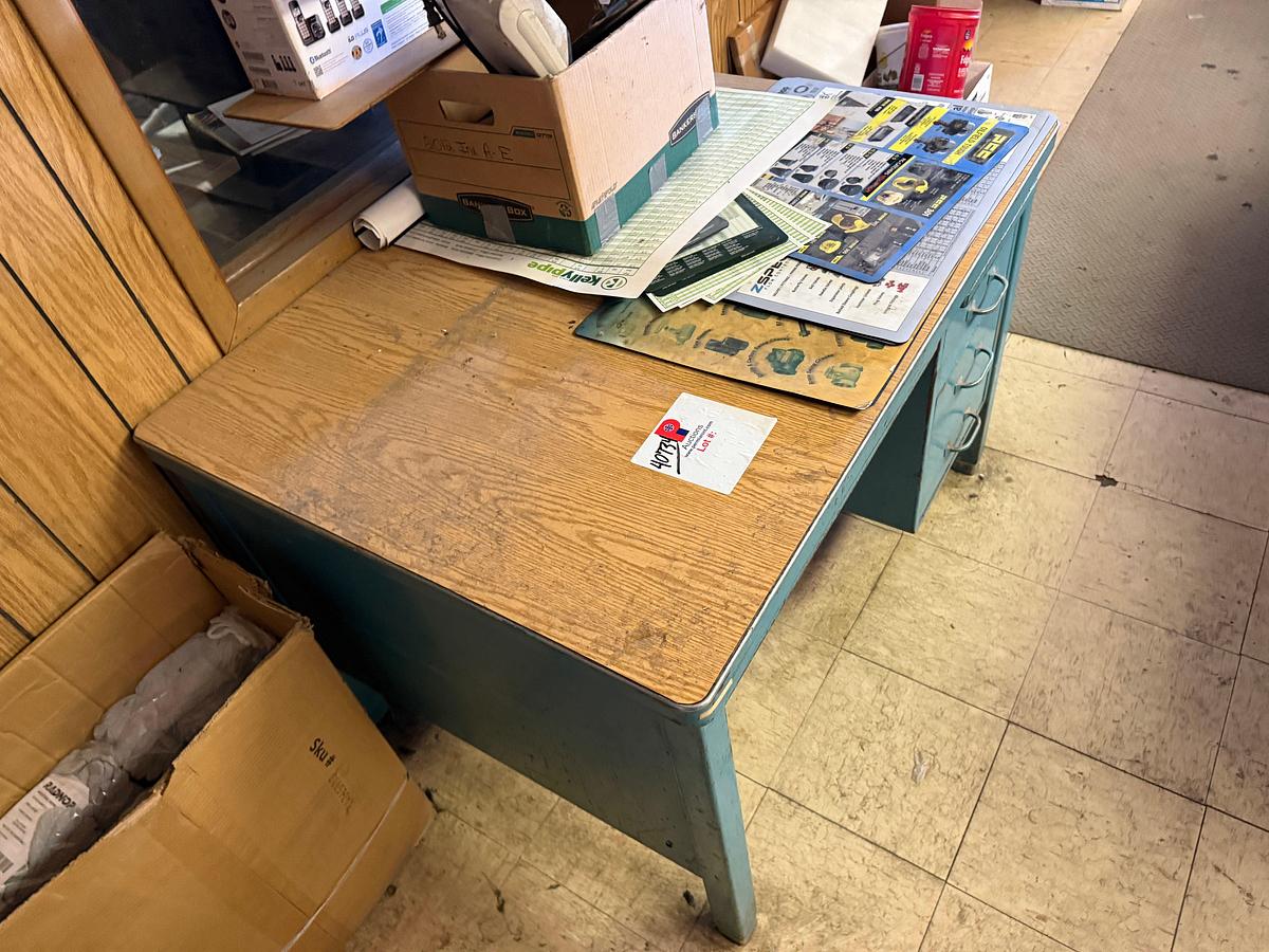 Used 3’x3’x3’ METAL DESK W/ DRAWERS & BOX W/ CONTENTS