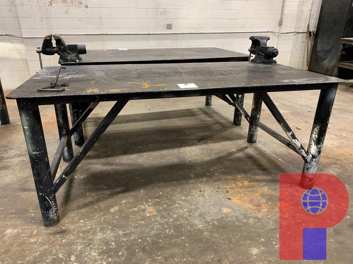 Used 8’ X 4’ STEEL TABLE W/ 8” JAW VICE