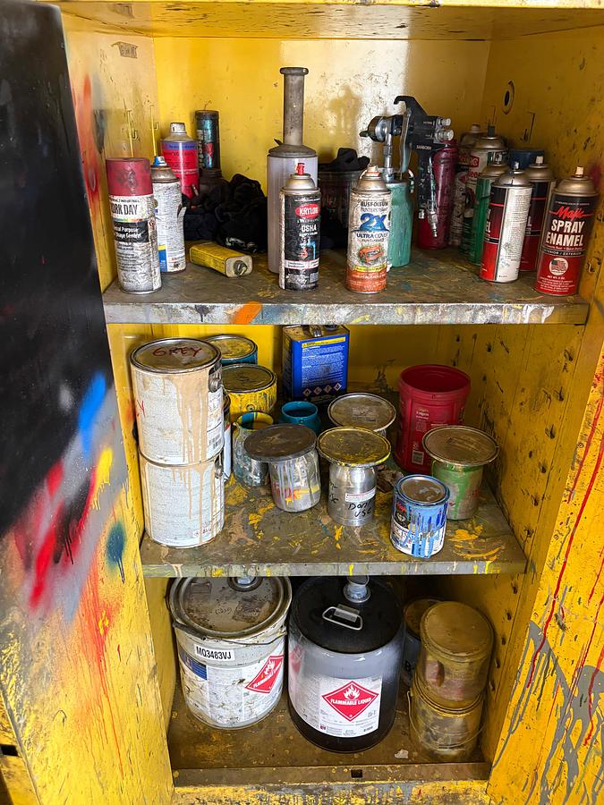 Used 40” x 32” x 40” shop table & (2) paint storage cabinets w/ contents