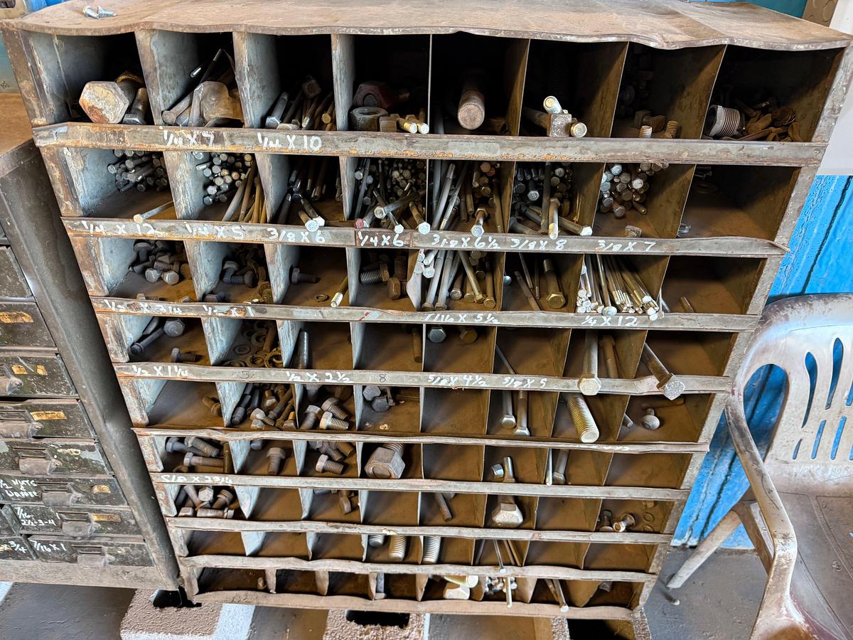 Used SOUTH WALL SECTION W/ (3) BOLT BINS & PULL-OUT DRAWERS, (10+) BOXES, (3) BUCKETS OF VARIOUS BOLTS, NUTS, & SCREWS