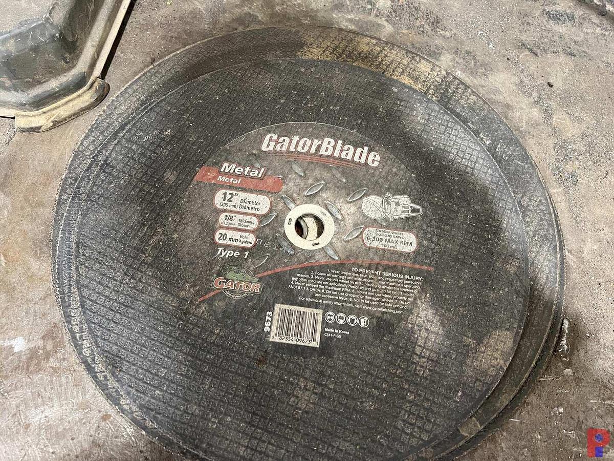 Used 10'L X 3'W METAL SHOP TABLE W/ RIGID CHOP SAW, METAL CUTTING DISCS, MTD CHAIN VICE, VICE, & WHITE BOARD