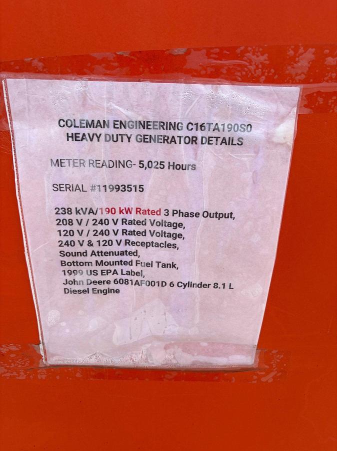 Used Coleman engineering C16TA190S 190KW DIESEL POWERED GENERATOR