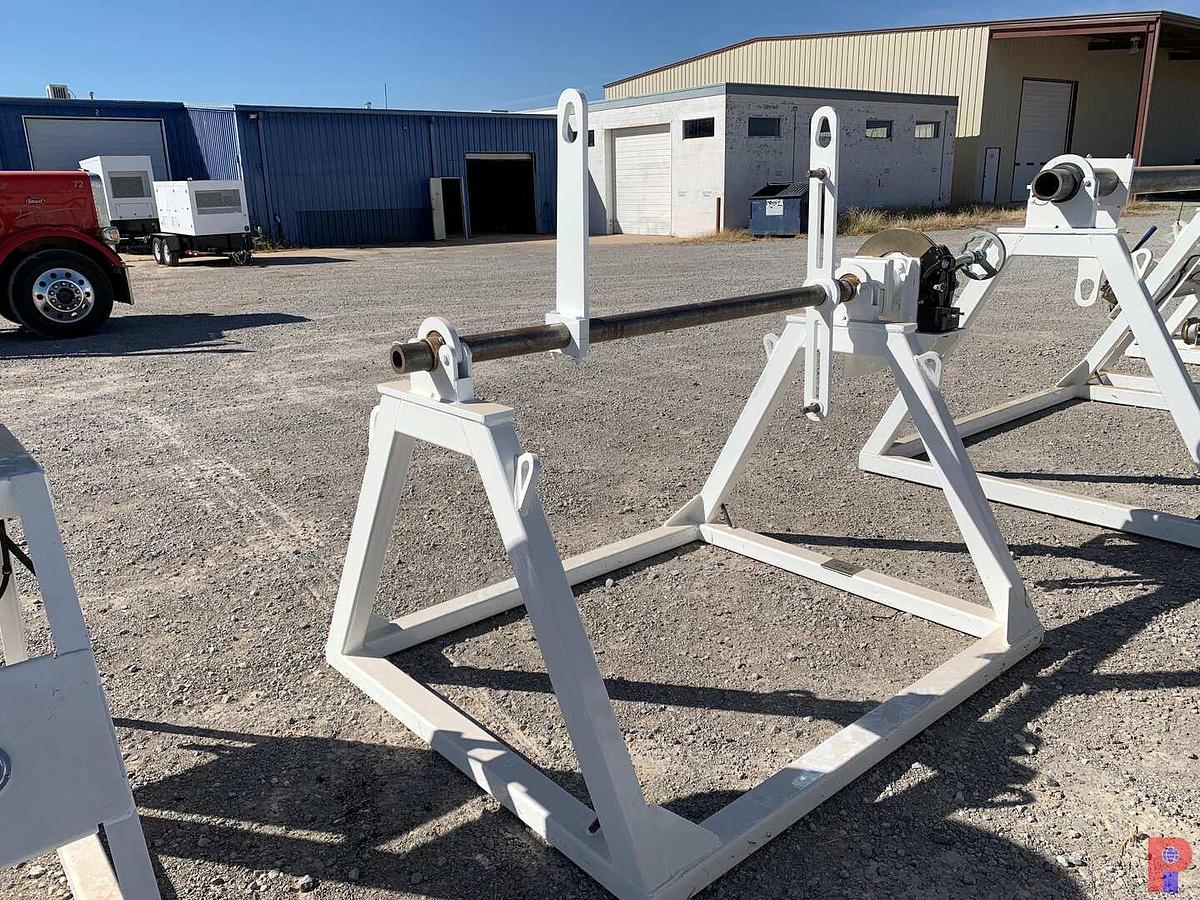 Used 66”W X 48”H REEL STAND W/ ADJUSTABLE 16” BRAKE CALIPER