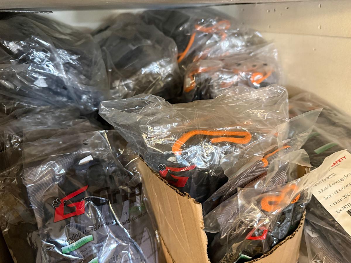 Used WALL SECTION (14) BOXES OF NITRILE GLOVES, (200+) PAIRS G-GRIP GLOVES, BLAKC DOT GLOVES, FLAME RESISTANT, ANIT-SEIZE, & RELATED