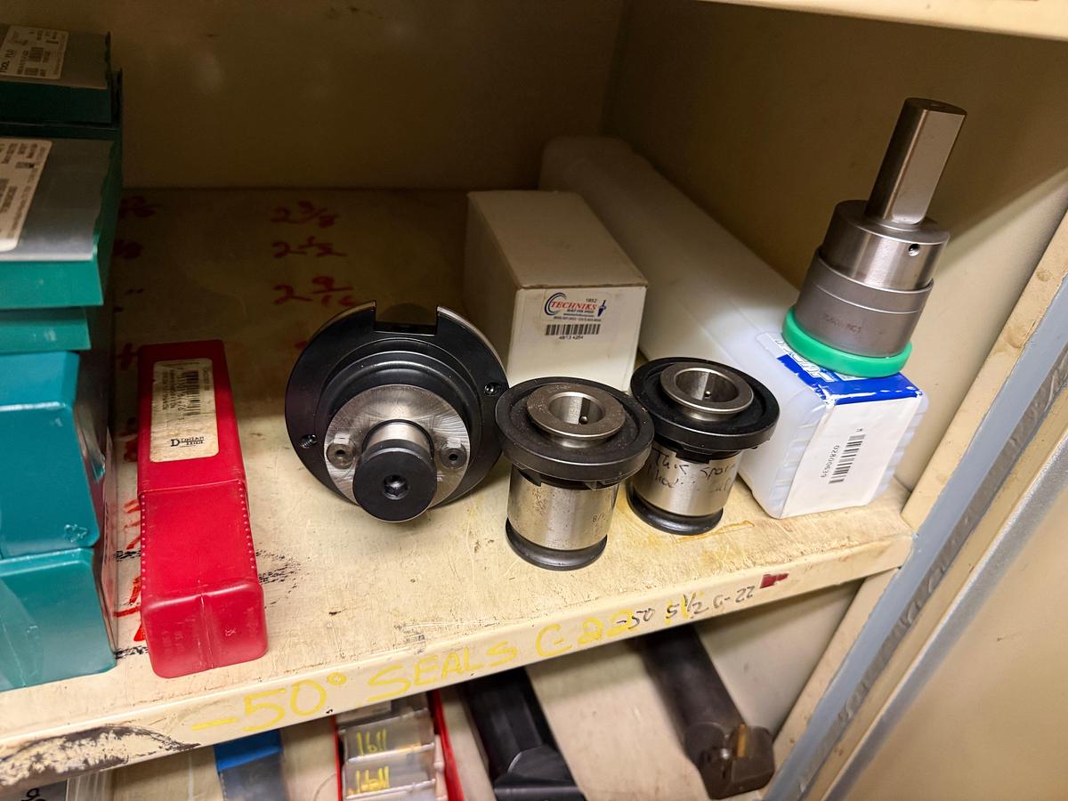 Used ROOM W/ SHELVES & (2) DOOR CABINET INCLUDES (100+) MACHINE CUTTING TOOLS, SUPPLIES, SPARE PARTS, & RELATED