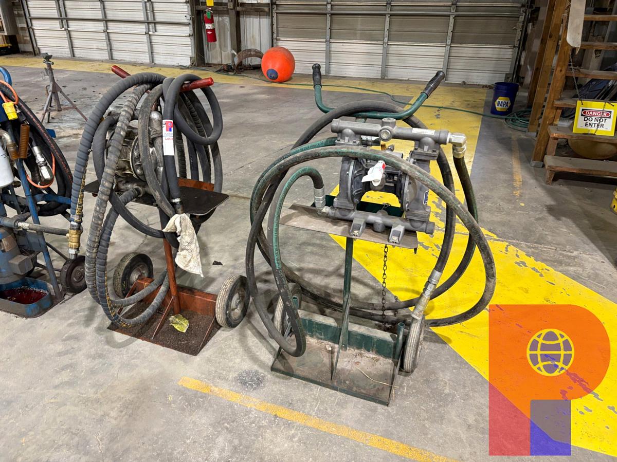 Used (2) GRACO PORTABLE DIAPHRAGM PUMPS W/ SUCTION HOSE & 2-WHEEL DOLLY