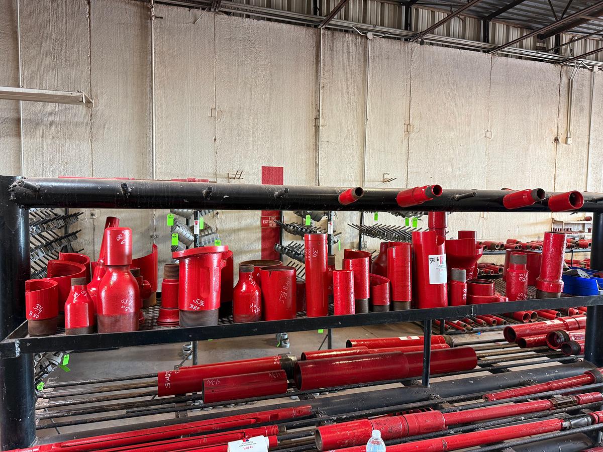 Used TOP RACK SHELF OF (30+) OVERSHOT CUT LIP GUIDES, SWAGES, COLLARS, SOME BOWLS & TOP SUBS